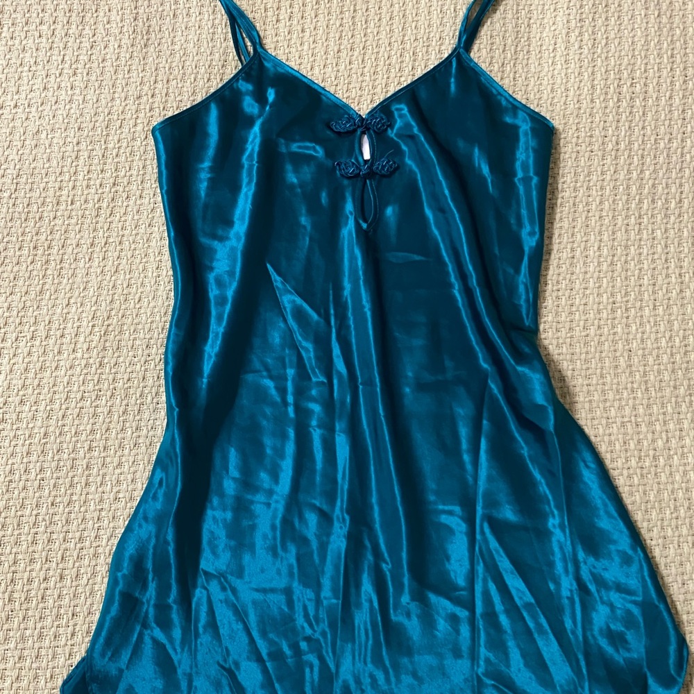 Vintage Emerald Green Satin Slip Dress w Frog Closures